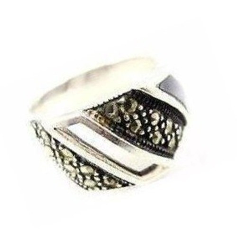 Vintage Marcasite Stoned Inlaid Onyx Sterling‎ Silver 925 Band Ring*Size 7
